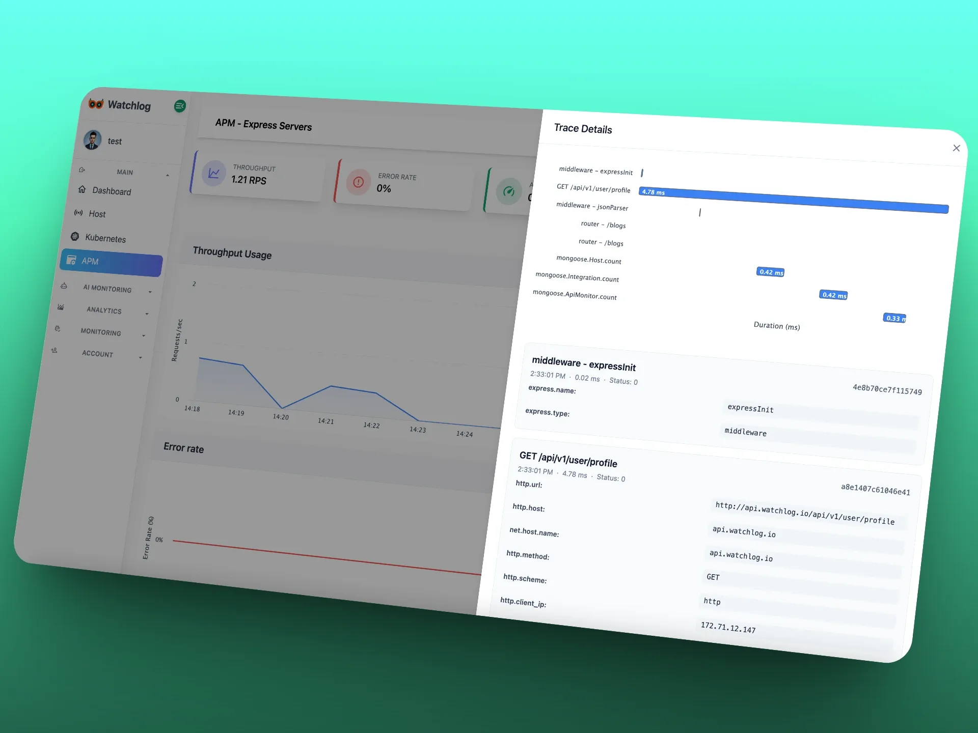 Watchlog monitoring dashboard with real-time charts and system performance metrics