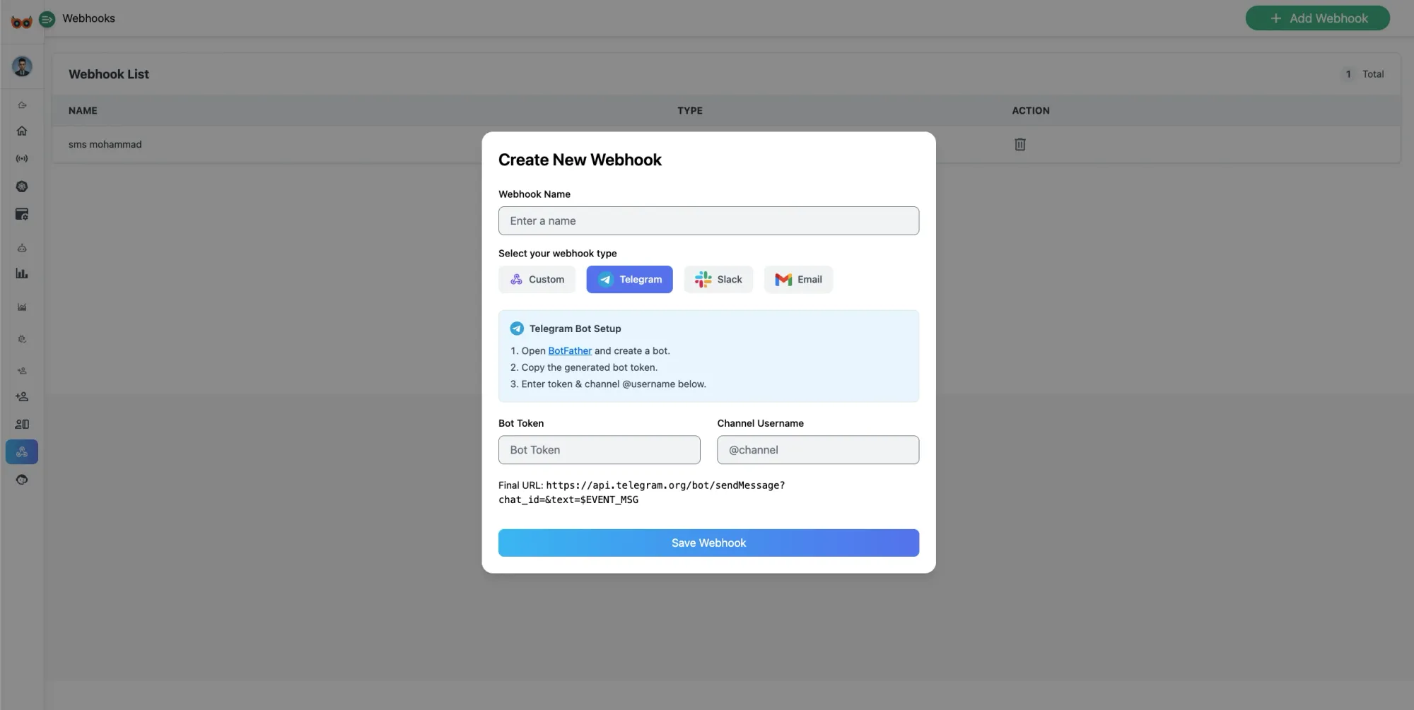 get alert message via Webhook in Watchlog